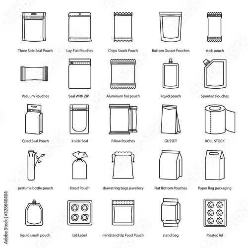 Vector Pouches Packaging package types icon set in thin line style