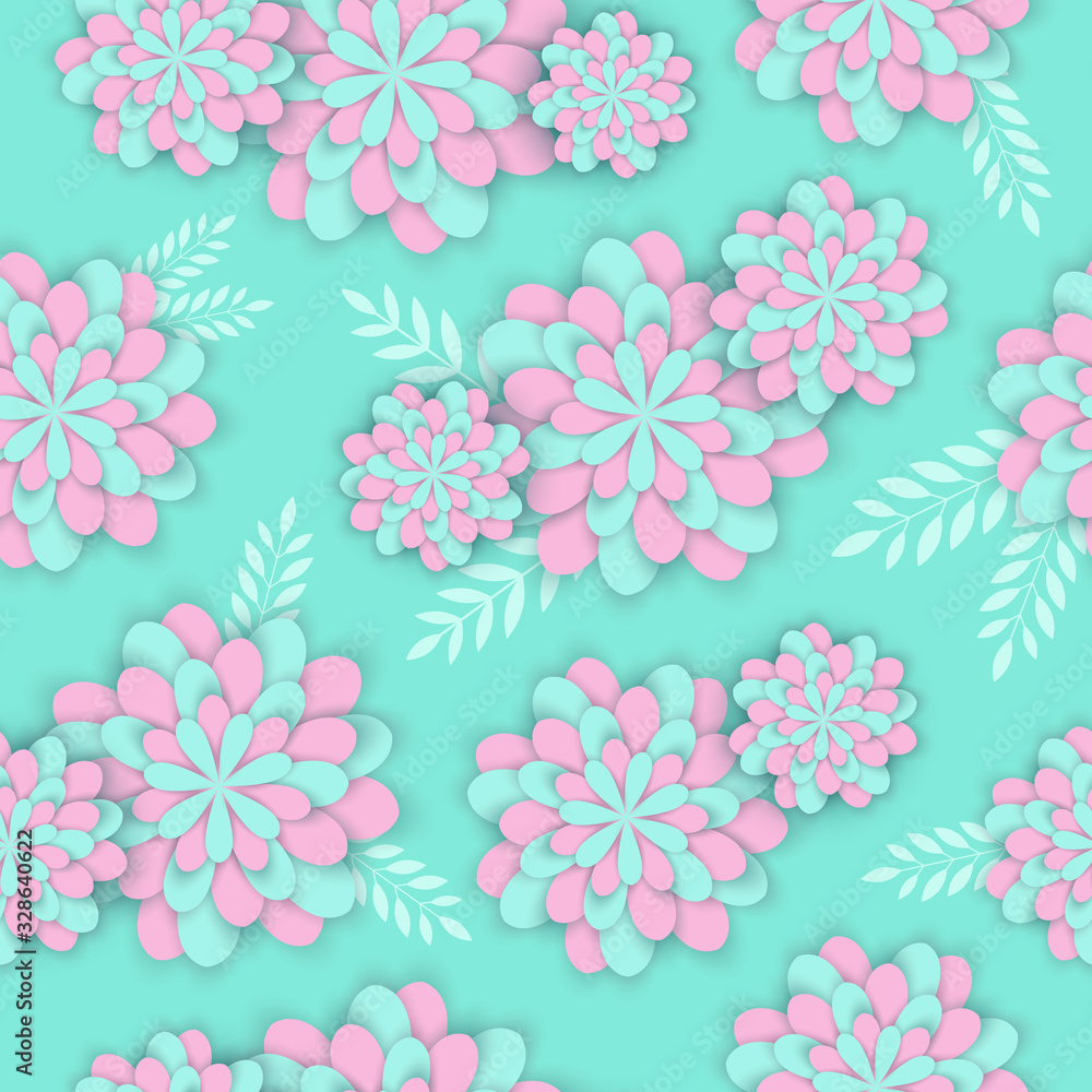 Beautiful trendy background seamless pattern blue with white blossoming 3d flower sakura and leaves. Floral modern wallpaper. Vector illustration