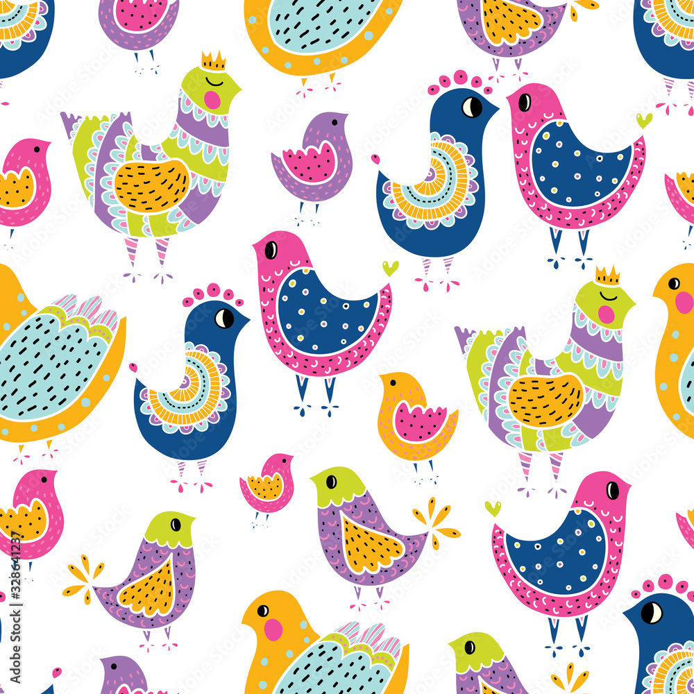 Obraz premium Cute vector spring seamless pattern with birds. Can be used in textile industry, paper, background, scrapbooking.