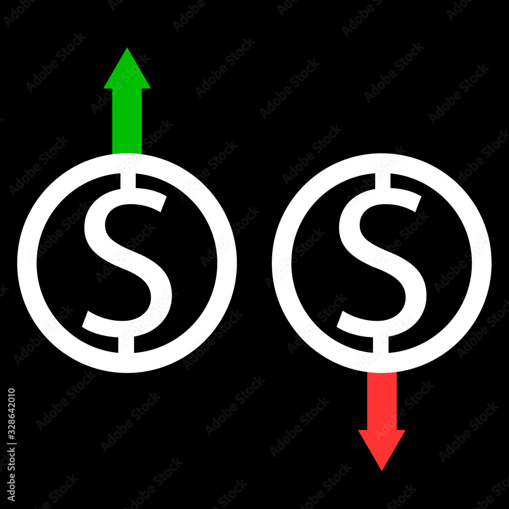 Vector icon set of dollar symbols with arrow moving up and down. Colorful arrow symbol of up and lower down dollar payment. Vector design can use element business financial concept Vector icon set of dollar symbols with arrow moving up and down. Colorful arrow symbol of up and lower down dollar payment. Vector design can use element business financial concept