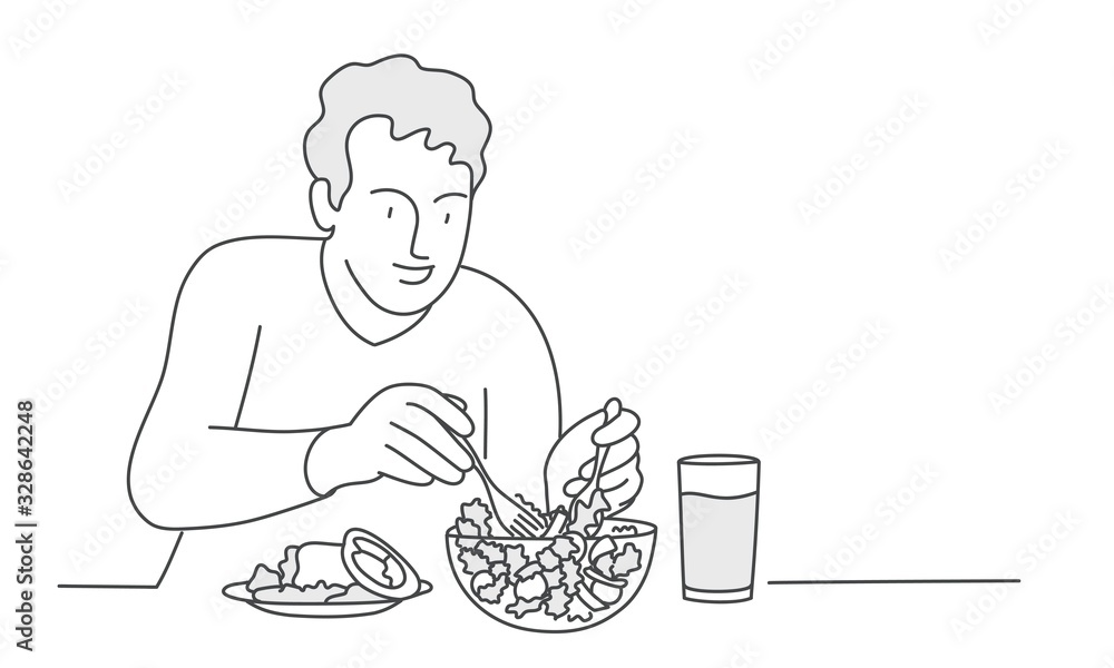 Man eats salad. Vegetarian. Hand drawn vector illustration. Man eats salad. Vegetarian. Hand drawn vector illustration.