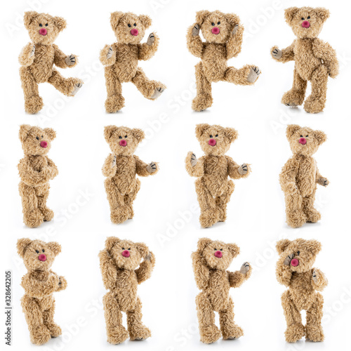 Brown teddy bear standing in different positions