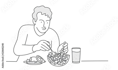Man eats salad. Vegetarian. Hand drawn vector illustration.