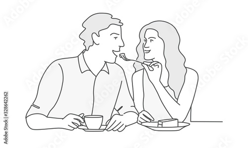 Woman feeds a man. Romantic couple. Hand drawn vector illustration.