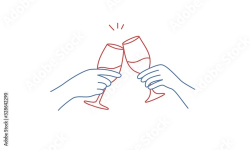Hands holding glasses of red wine. Hand drawn vector illustration.