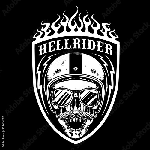 skull with retro motorcycle helmet vector badges