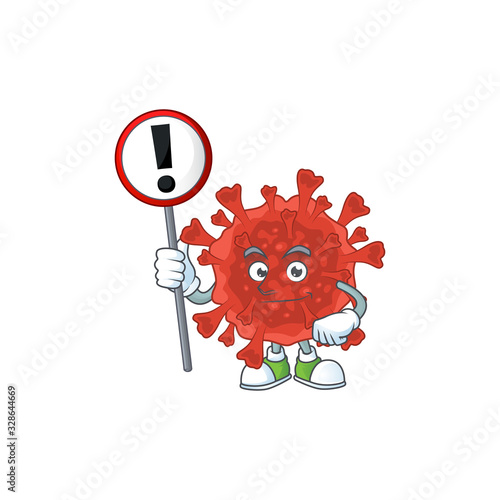 Smiling cartoon design of red corona virus with a sign