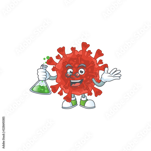 Red corona virus brainy Professor Cartoon design grasp a glass tube