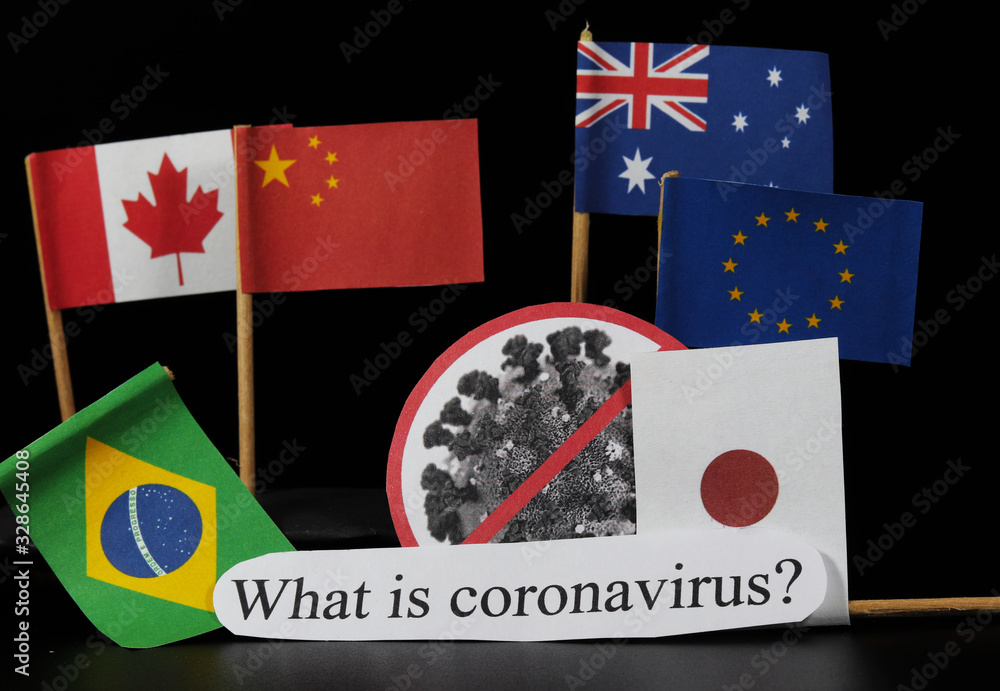 Naklejka premium Big problem is here. New disease covid-19 affected whole world. Severe acute respiratory syndrome coronavirus. Rapidly spreading infection. Cell of coronavirus. Flag of Australia, europe union, canada