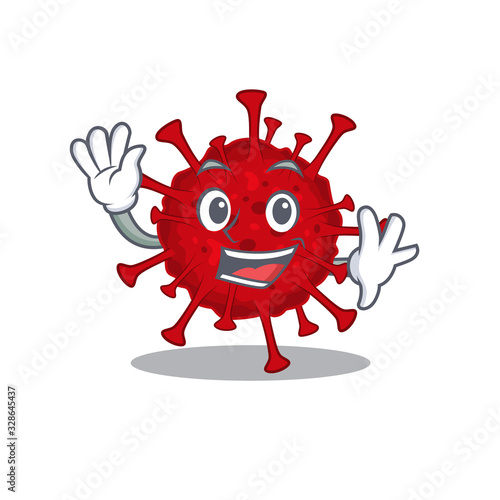 Smiley betacoronavirus cartoon mascot design with waving hand