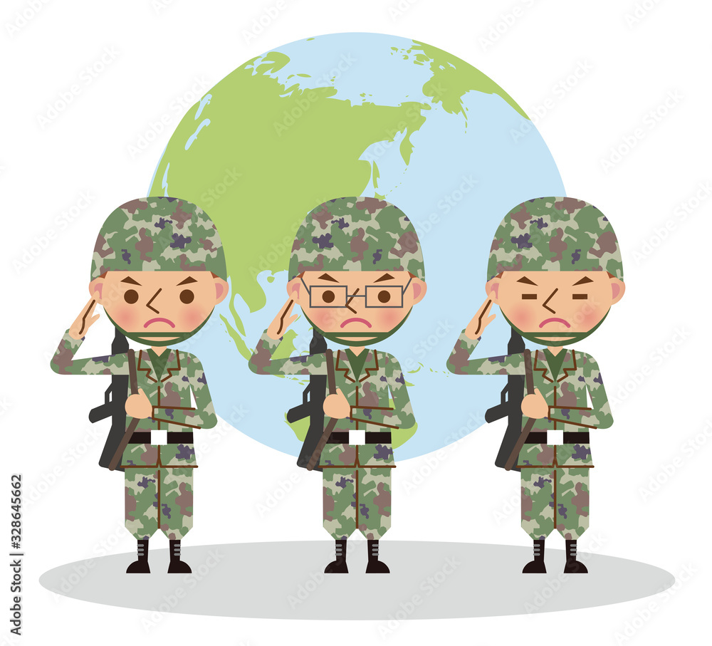 銃を担いで敬礼する自衛官・軍人(複数人・地球バック) 銃を担いで敬礼する自衛官・軍人(複数人・地球バック)