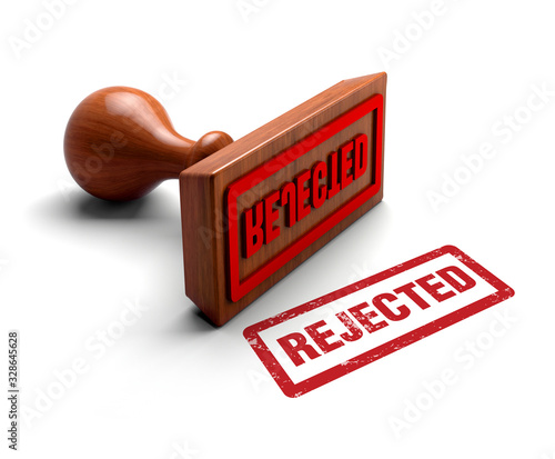 Rejected stamp. Wooden stamper and stamp with text Rejected on white background. 3d illustration. 3d rubber stamp.
