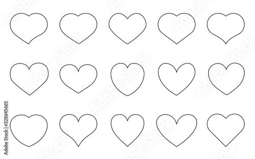 Heart thin black line icon set. Abstract different shape romantic symbol Valentines Day. Empty frame love decorative element template for wedding invitation card. Isolated on white vector illustration