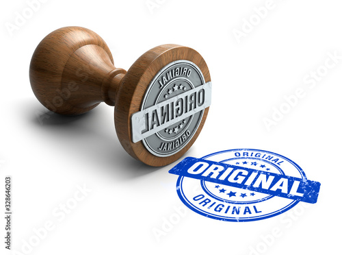 Original stamp. Wooden round stamper and stamp with text Original on white background. 3d illustration. rubber stamp.