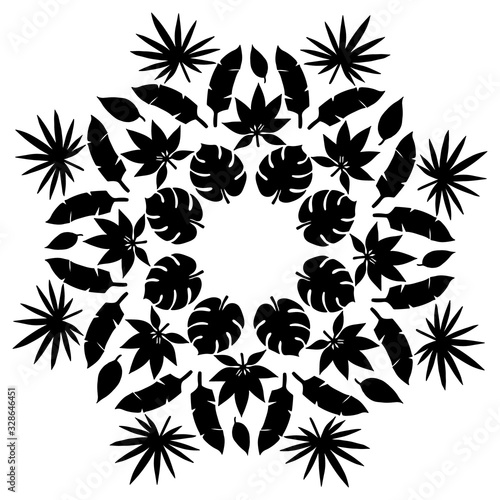 Hand drawn concept in circle with exotic tropical leaves. Black shadows isolated on white background. Cute template for card, banner, sticker, logo design. Vector illustration with space for text