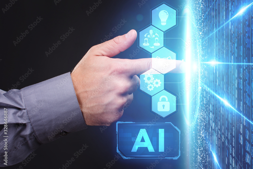 Business, Technology, Internet and network concept. Young businessman working on a virtual screen of the future and sees the inscription: Business, Technology, Internet and network concept. Young businessman working on a virtual screen of the future and sees the inscription: