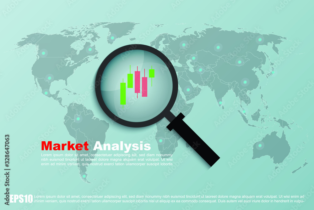 World Market Analysis with magnifying glass, world map and trading ...