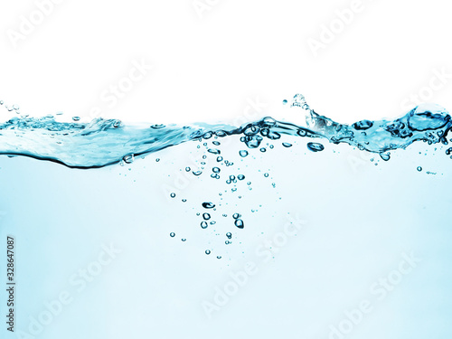  blue water surface with splash, waves and air bubbles on white background