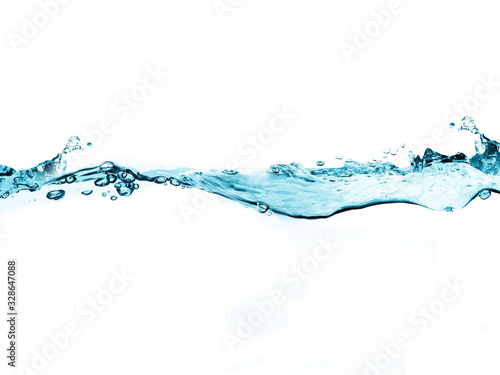  blue water surface with splash  waves and air bubbles on white background