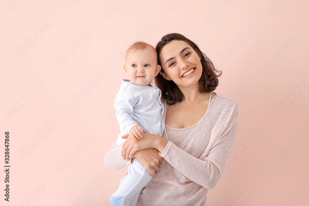 Cute baby with mother on color background Cute baby with mother on color background