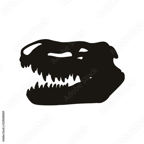Prestosuchus chiniquensis fossilized skull hsilhouette image. Carnivorous pseudosuchians reptile dinosaur fossil illustration black print