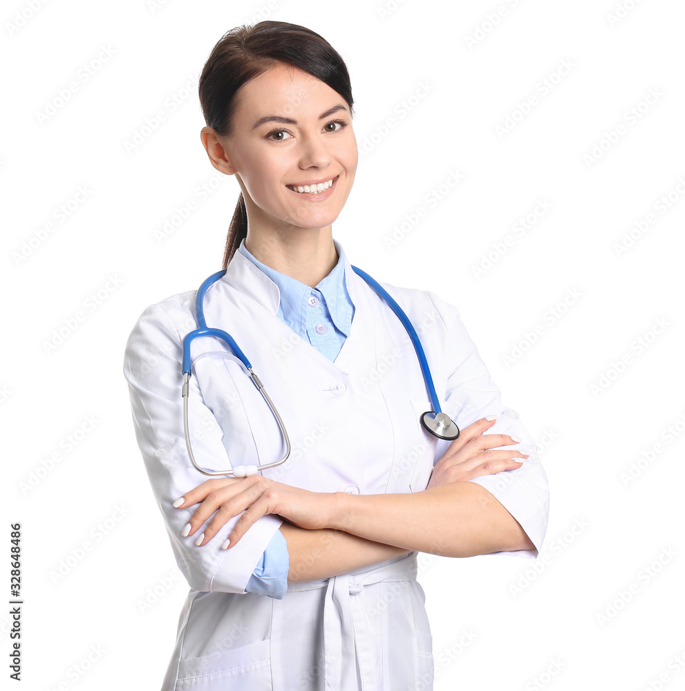 Female cardiologist on white background Female cardiologist on white background