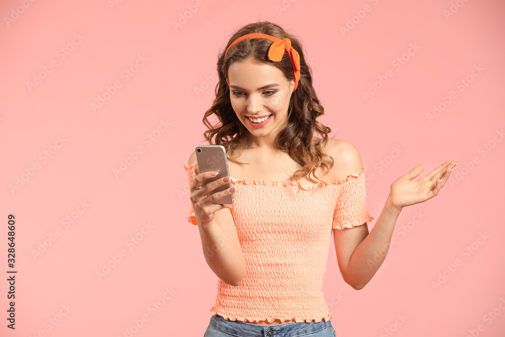 Young woman with mobile phone on color background Young woman with mobile phone on color background