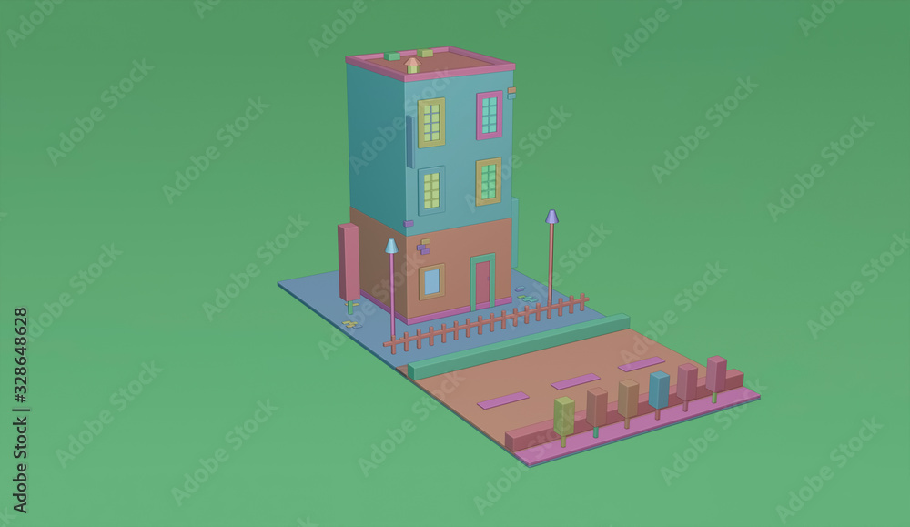 Vector isometric icon or info graphic elements representing low poly town flat with walking paths, road and street lights for city map creation. 3D rendering.