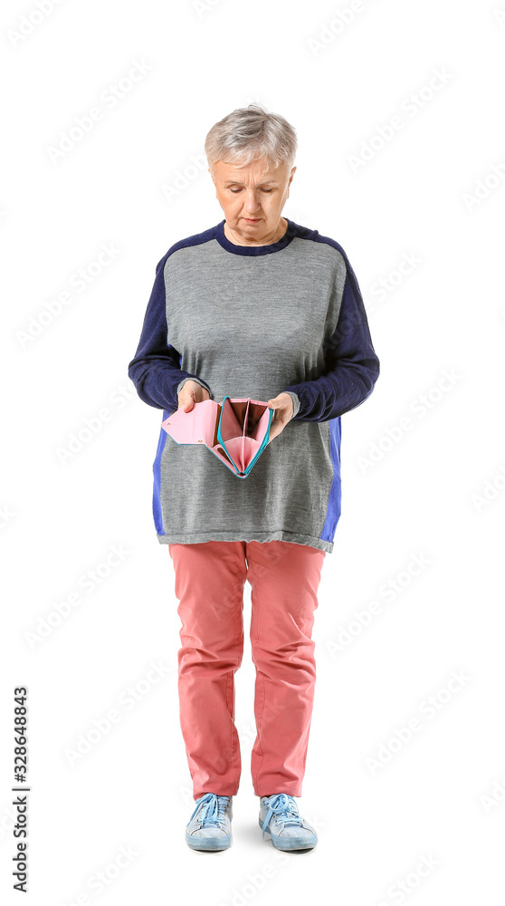 Senior woman with empty wallet on white background