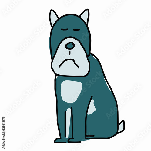The dog is sitting with a sad face. Vector cartoon illustration. In blue. The dog breed is similar to a pug.