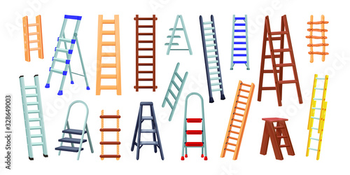 Collection of aluminum and wooden ladders with stairs. Cartoon vector illustration isolated on white background