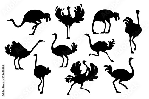 Black silhouette set of cute ostrich african flightless bird cartoon animal design flat vector illustration isolated on white background
