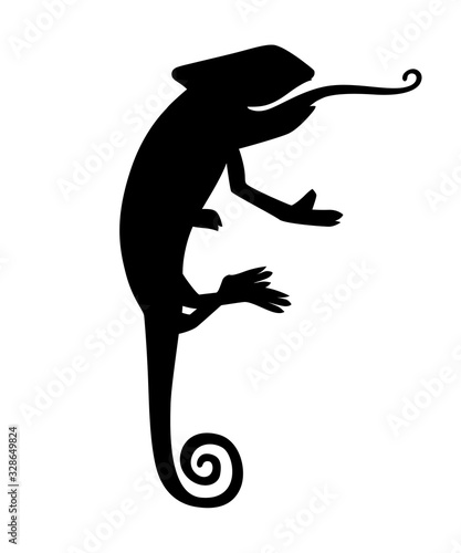 Black silhouette cute small chameleon lizard cartoon animal design flat vector illustration isolated on white background