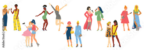 Group of female cartoon characters on the party. Dancing  chatting  drinking  singing  taking selfie women. Isolated flat vector illustration