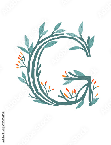 Letter G hand drawn tree branches with leaves and berries botanical flowers floral hand drawn scandinavian style art design element flat vector illustration