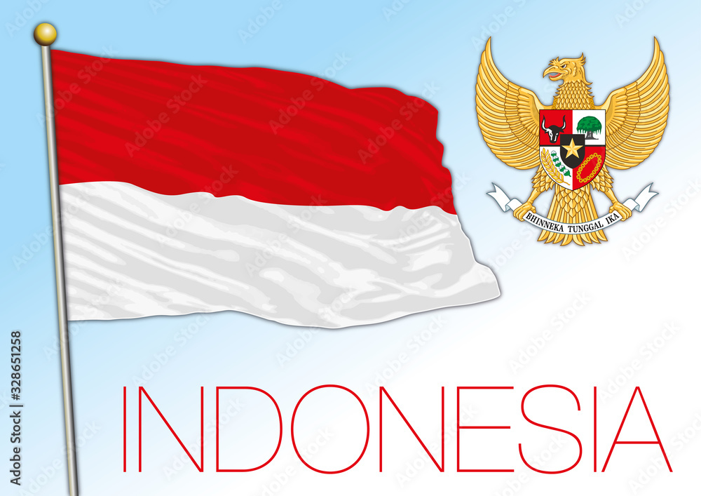 Indonesia official national flag and coat of arms, asiatic country, vector illustration