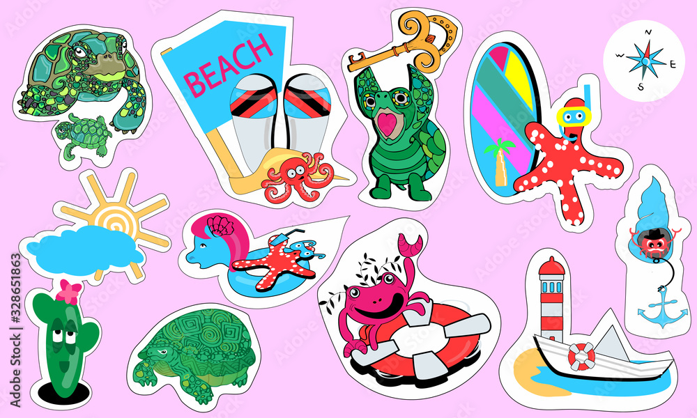 STICKER PACK WITH PICTURES ON THE THEME SUMMER SEA BEACH STICKER PACK WITH PICTURES ON THE THEME SUMMER SEA BEACH