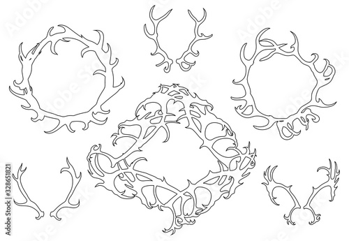 Set of black outline of deer horns, round frames of antlers. The object is separate from the background. Vector contour object for invitation, greeting cards and your design.