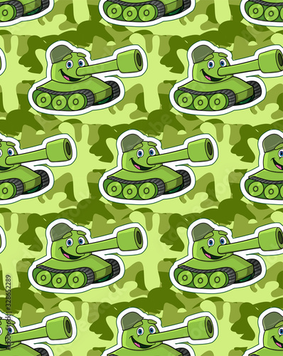 Cartoon seamless pattern with tanks that are smiling. on camouflage background.