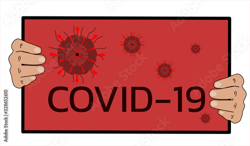 Hands holding COVID-19 label , vector