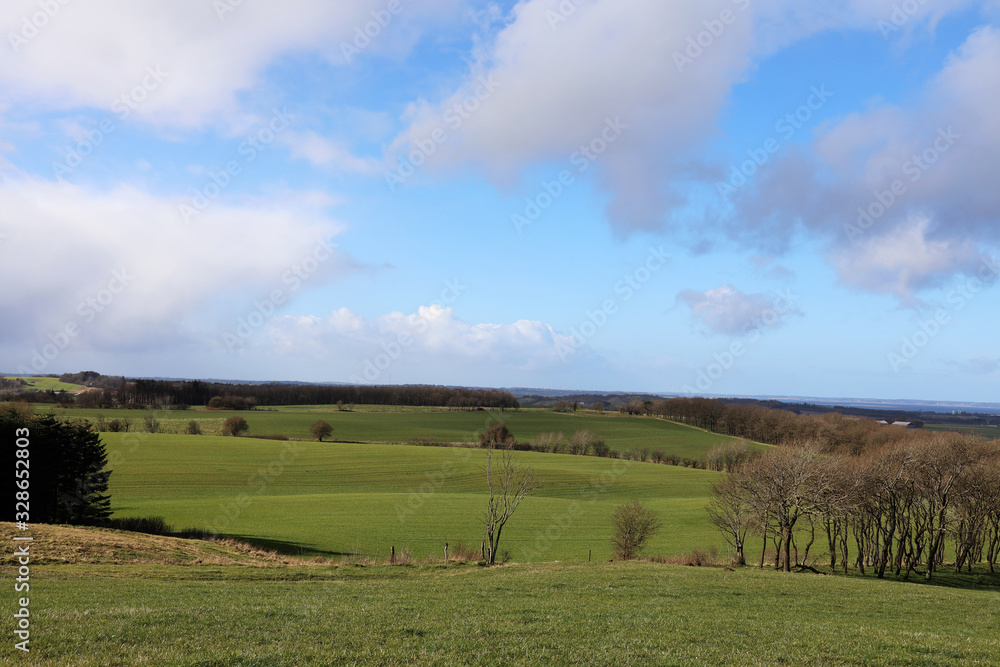 Beautiful and hilly Danish countryside on a sunny winter day in February