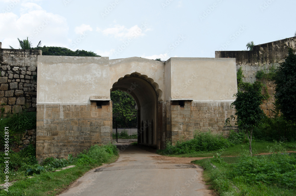 One of the entrance gate of Srirangapatna Fort, built by the Timmanna Nayaka in 1454, the fort came to prominence during the rule of Tipu Sultan, Srirangapatna, Karnataka, India