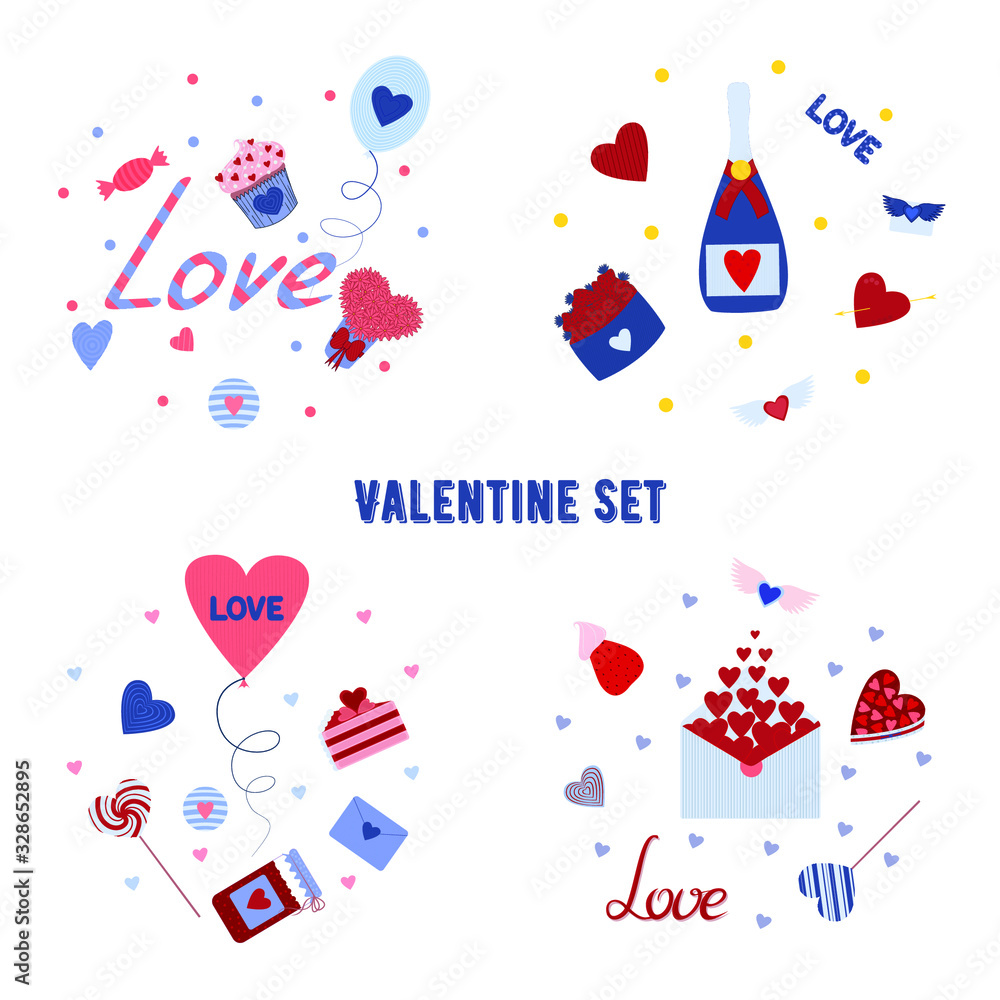 Vector Illustrations set. Hearts, sweets, balloons and lettering