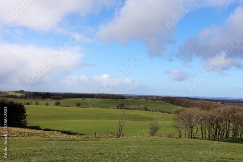 Beautiful and hilly Danish countryside on a sunny winter day in February