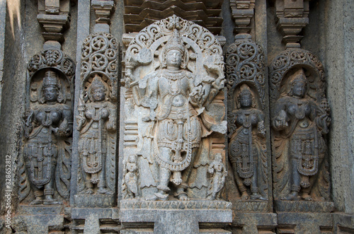 Carved idols on the Chennakesava Temple, is a Vaishnava Hindu temple, Somanathapura, Karnataka, India