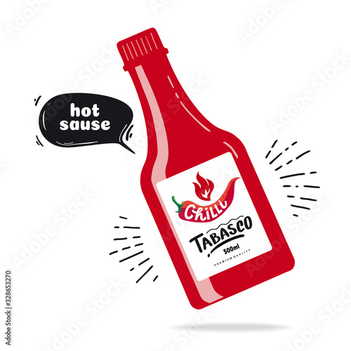 Chilli tabasco Lettering. Hand drawn vector flat cartoon illustration on isolated white background. Ketchup advertising vector concept, template. Pepper hot classic sauce in a bottle