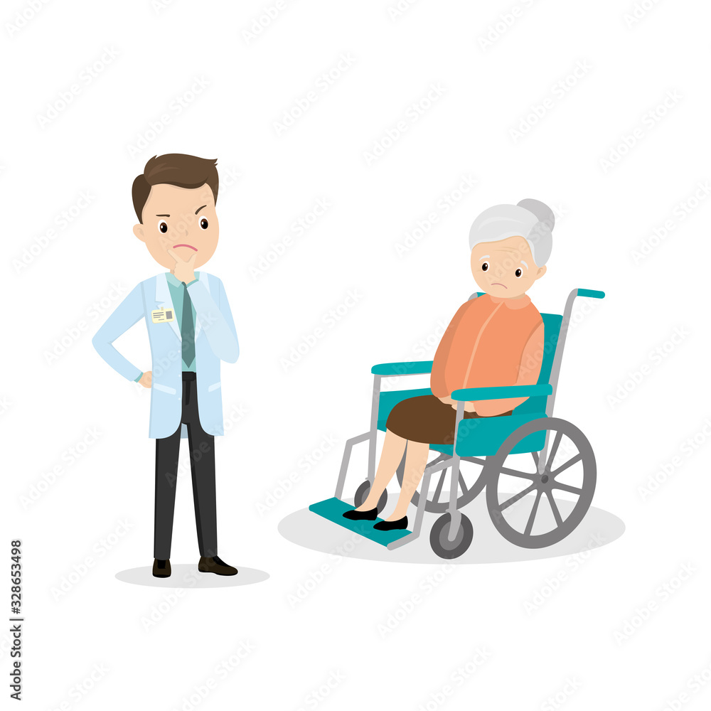 Unhappy old woman in a wheelchair and thinking male doctor Unhappy old woman in a wheelchair and thinking male doctor