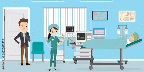 Male and nurse visiting female patient at hospital ward,Room with medical furniture