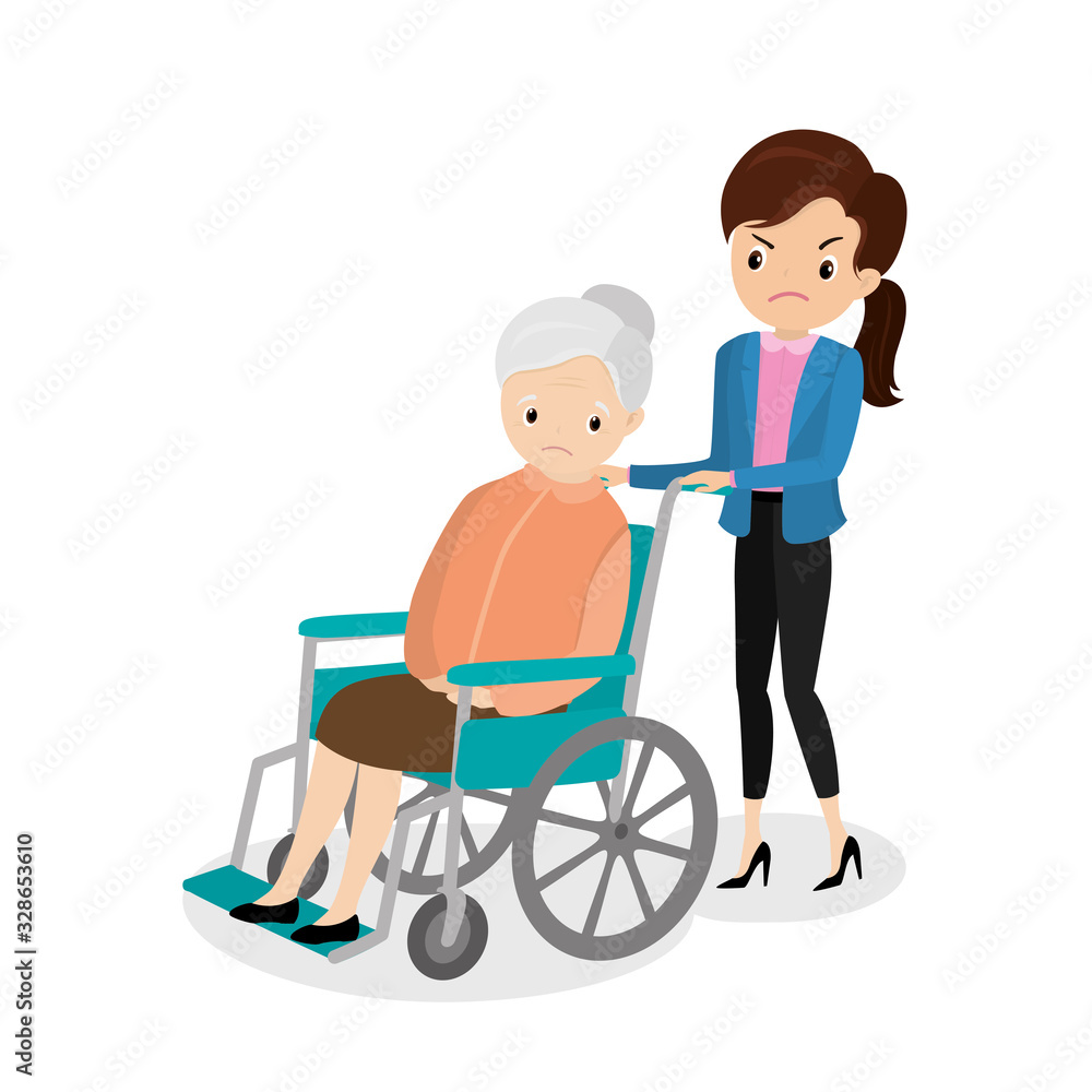 Unhappy old woman in a wheelchair and andry girl