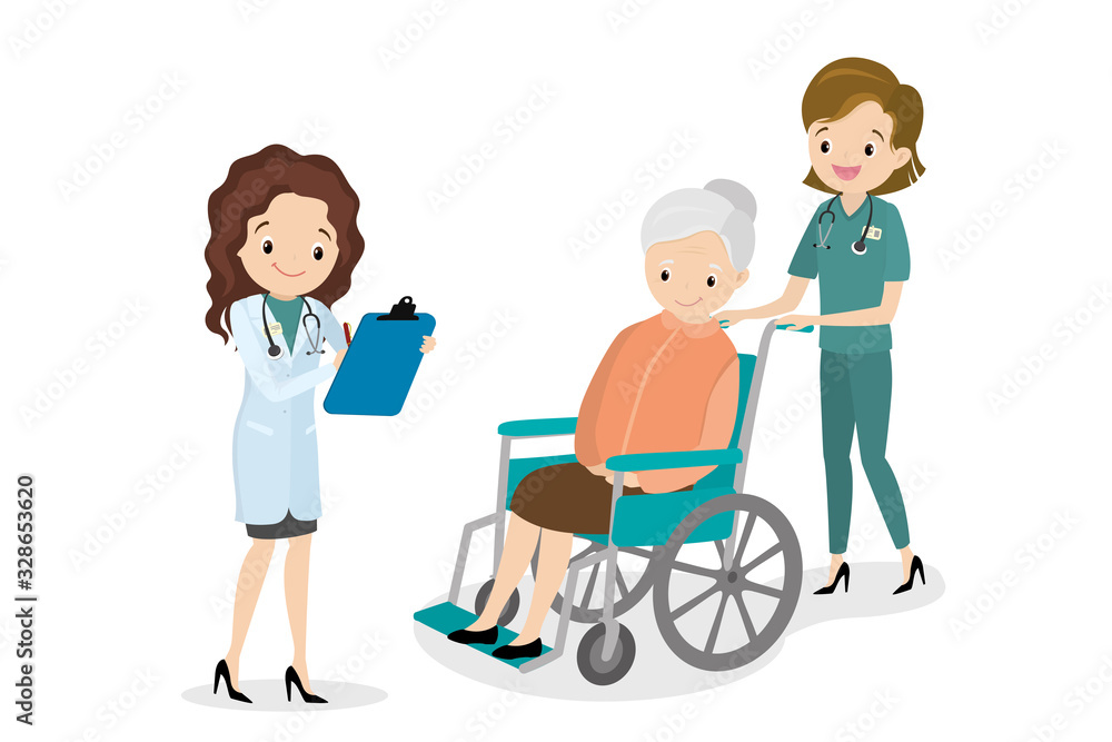 Happy old woman in a wheelchair and female doctor and nurse Happy old woman in a wheelchair and female doctor and nurse